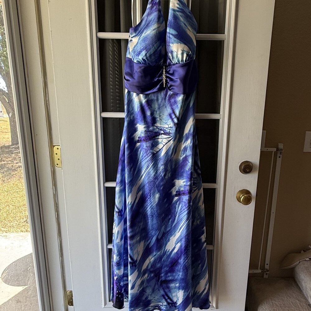 Taboo Blue and White Backless Halter Evening Dress